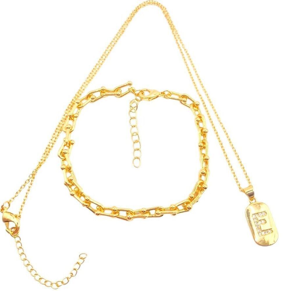 Gold Initial E Bracelet and Necklace Set